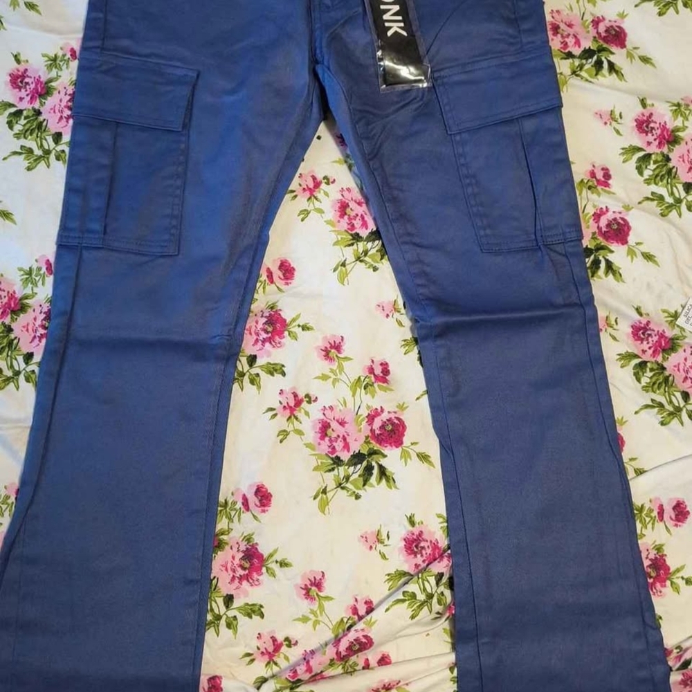Kdnk Leather Blue Cargo Pants with Side Pockets